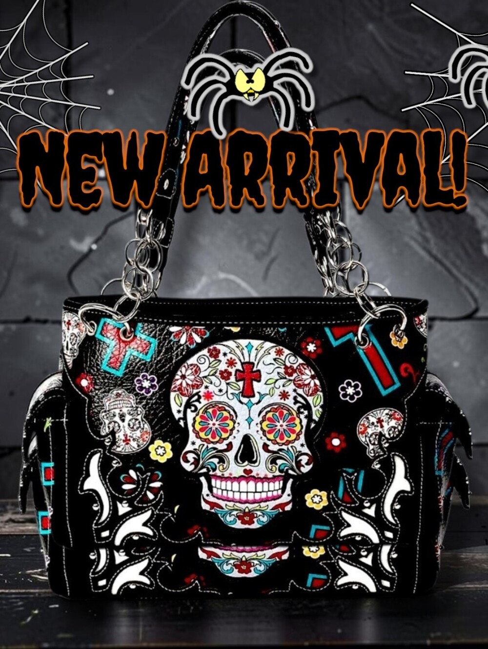 The Cowgirl Trendy Black Sugar Skull & Floral Design Shoulder Bag